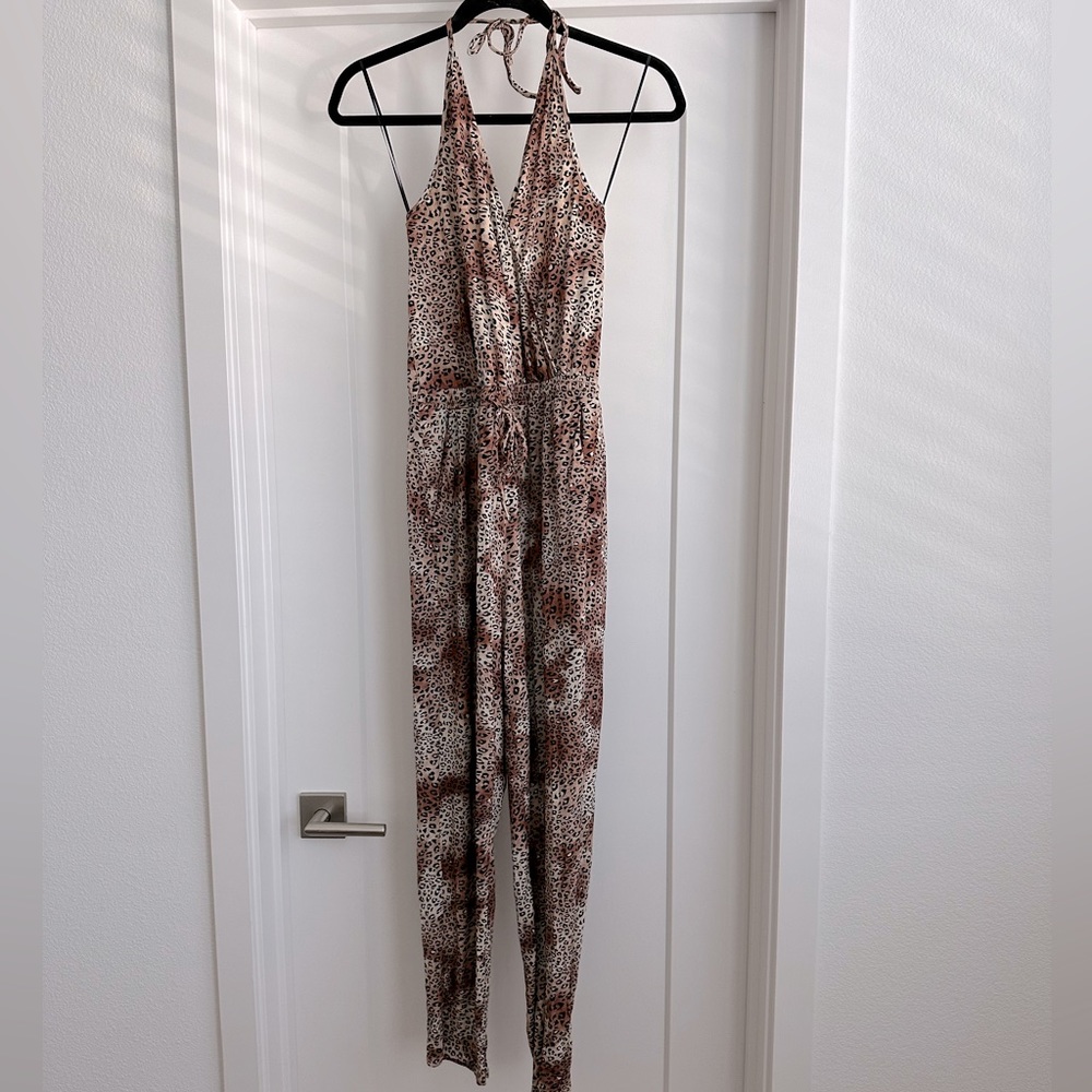 Express animal leopard cheetah print surplice halter jumpsuit- NWOT - Picture 3 of 6
